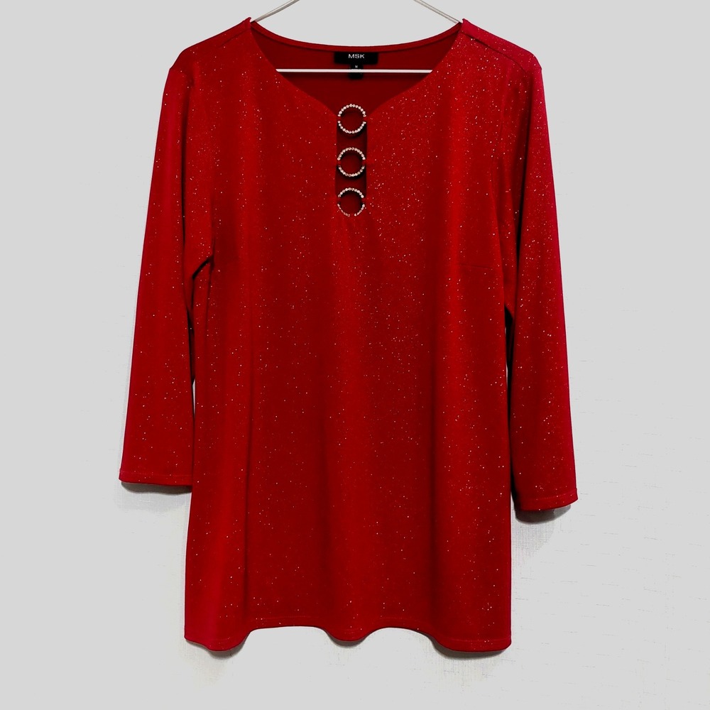 MSK Womens Med Red Glitter Popover Top Rhinestone Embellished Stretch 3/4 Sleeve